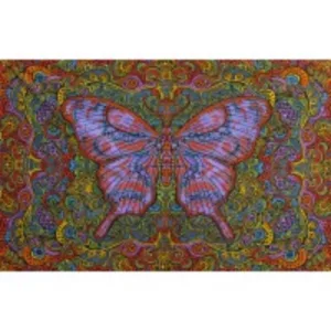 Whimsical 3D tapestry with a large pink butterfly on a multicolored, psychedelic-inspired background.