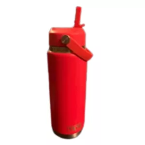 Sturdy red plastic water bottle with gold cap and rubber handle, perfect for outdoor activities.