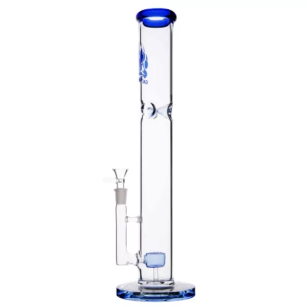A clear glass bong with a blue and white stripe and a jelly perc on a stand with a small dish for water.