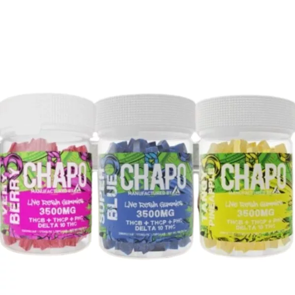 Live Resin Gummies 3500mg - Chapo come in various colors and dosage levels, and are packaged in small, plastic containers. The gum is in the shape of small squares.