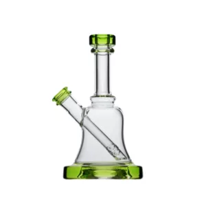 Glass bong with clear stem and green base, featuring a small and large hole, sitting on white background.