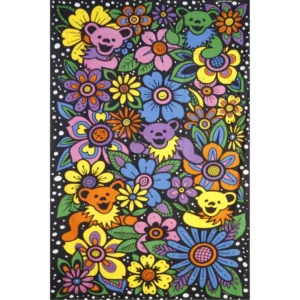 Colorful 3D Grateful Dead Flower Bears Tapestry with playful vibe, featuring vibrant bears and flowers on a shiny black background.