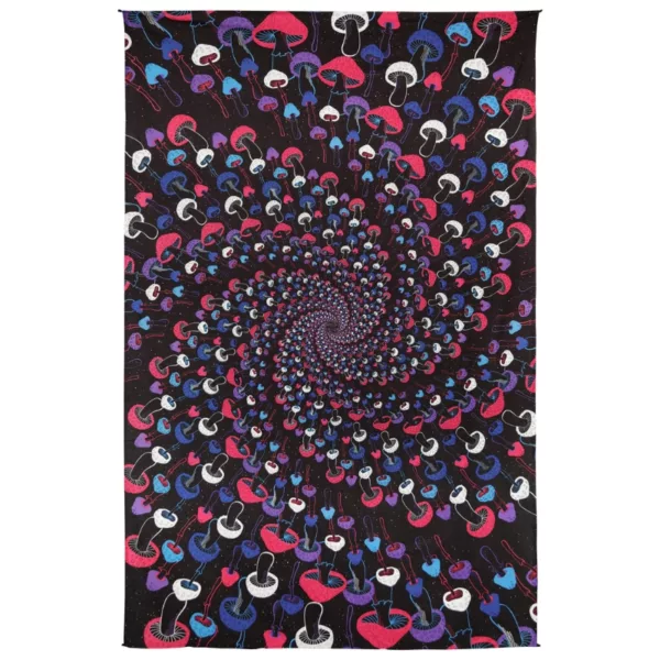 Abstract 3D design featuring a spiral pattern in blue, purple, and red shades on a black background with a glowing effect.