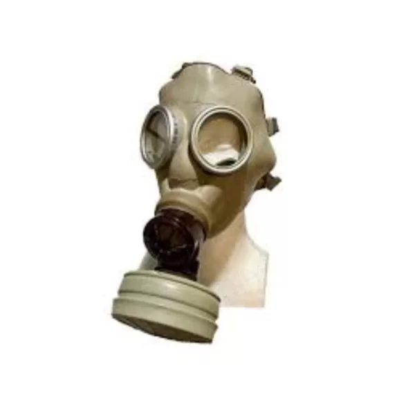 Clear visor gas mask with black rubber hose and metal frame. Black rubber band around nose and mouth. On white background.