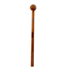 Wooden walking stick with round handle and long, thin shaft, used for support or decoration.