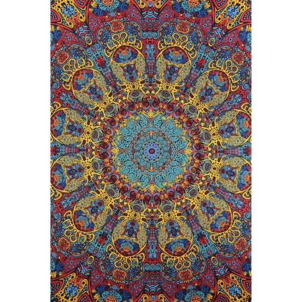 Vibrant, colorful psychedelic sunburst pattern with 3D effect. Radiating lines create a circular shape reminiscent of the sun. Bright shades of red, yellow, blue, and green. Sumptuous joy and depth.