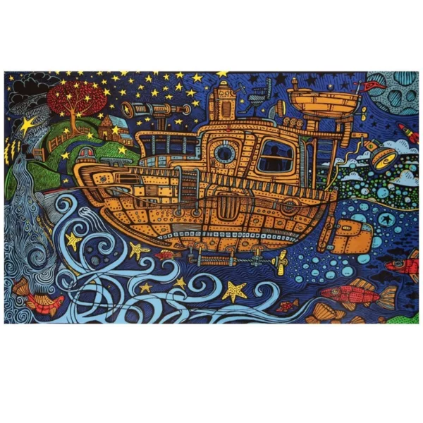 A colorful, detailed scene of a steampunk tugboat on a starry night sky, with a small village in the distance.
