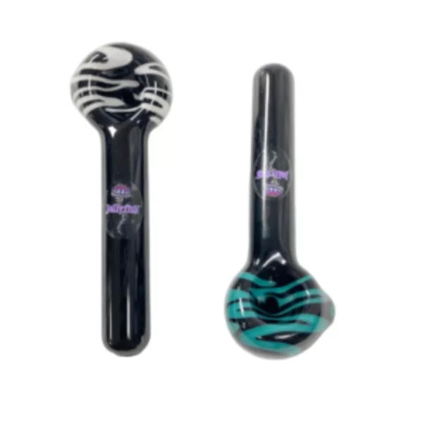 Jellyfish-shaped straws made of flexible, durable plastic with a purple and green zebra print pattern. Tapered design with curved handle for easy grip.