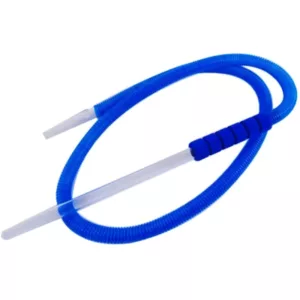blue plastic tube with a clear tip and a small hole at the end. It is bent into a U shape and lies on a white background.