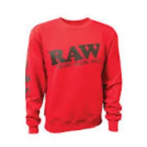 100% cotton red sweatshirt with black 'Raw' on back, round neck, ribbed cuffs/hem & left chest zipper pocket.