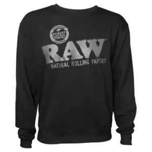 Black sweatshirt with white 'R A W' on front, round neckline, ribbed cuffs and hem. Features zipper pocket.