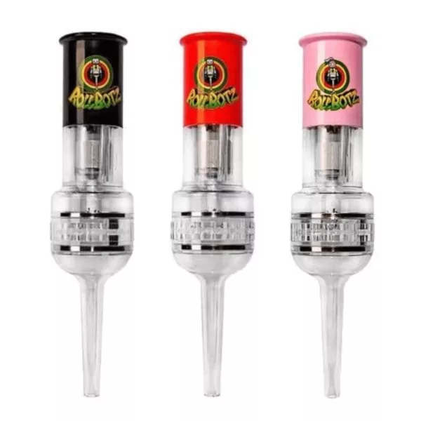 Robo Kone-Rollbotz offers three types of e-cigarettes with clear glass vaporizers, different colors, and minimalistic designs. The small tanks are empty, and the larger tanks are filled with liquid.