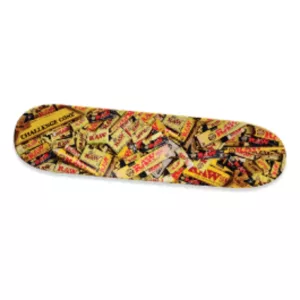 Playful skateboard with candy bar checkerboard design in yellow, brown, and red. Made of wood with a smooth surface.