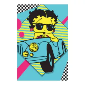 Fun and vibrant poster featuring Betty Boop driving a colorful vintage car with checkered patterns. Perfect for fans of the iconic character.