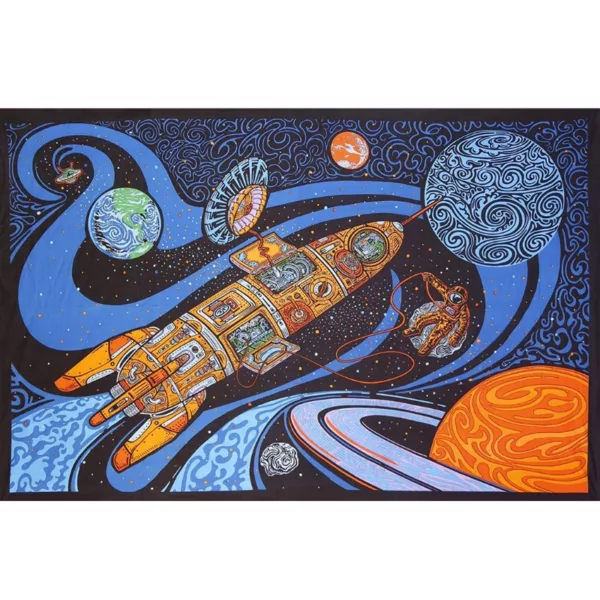 3D Blast Off Outer Space Tapestry showcases an astronaut in a spacecraft, equipped with advanced technology and a laser gun, flying through space surrounded by planets and celestial objects. Vibrant colors of oranges, blues, and yellows.