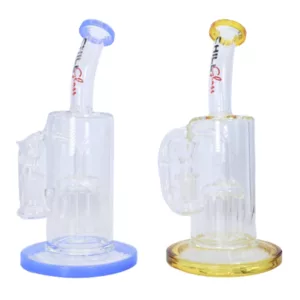 Modern glass bong with plastic base and rubber grip, large bowl and small mouthpiece. Clear base and transparent stem. Sleek design.