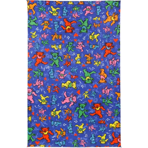 The Grateful Dead Jam Bears 3D Tapestry features a playful and cheerful design with colorful cartoon characters arranged in a repeating pattern on a blue background.