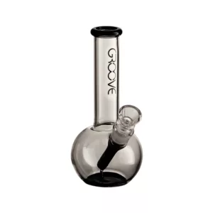 Glass bong with black handle and clear glass body, small round base and long curved neck on white background.