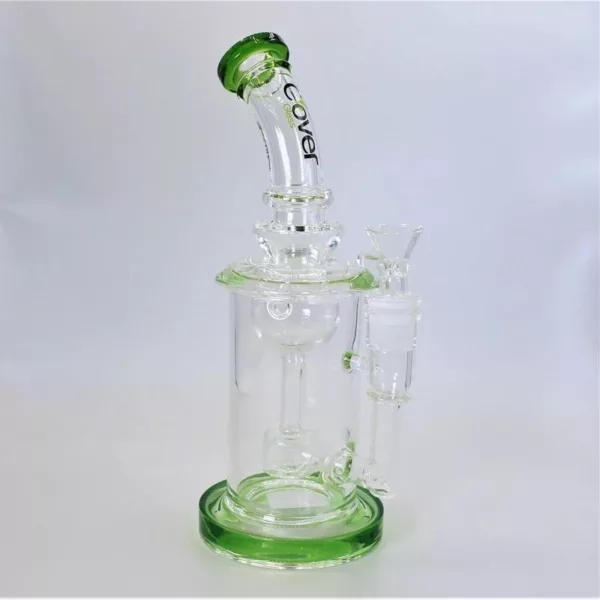 Frosted glass water pipe with green spiky design and small clear knob on stem.
