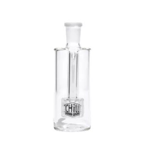 clear glass vial with a metal cap and a small hole at the bottom. It's intended to be used as an ashcatcher to cool down smoke before it's inhaled. It's sitting on a white background.