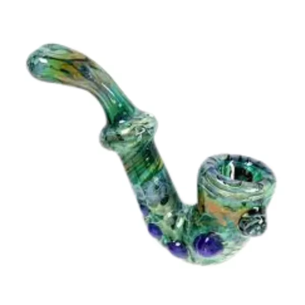 Handcrafted Milky Green Sherlock pipe by TAGLE GLASS WORKS, made of green and purple glass with a curved shape and blue-green handle for comfortable smoking.
