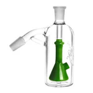 45 degree beaker ashcatcher with green lid, clear glass, ground base, bent spout, and small lid hole. Wide base for easy pouring. B+P grade.