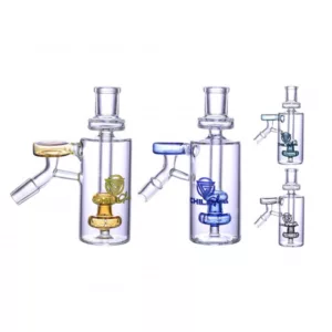 14mm 45DEGREE Ashcatcher - CCJLG46 features a clear glass body with a blue, green, and yellow handle. Small, round base and long, curved neck. Mouthpiece is a small, round disk with a small hole in the center.