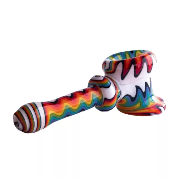 hand-blown glass pipe with a multi-colored swirl design, featuring pink, purple, green, and orange glass. The flared mouthpiece and smooth, round base make for a functional and stylish piece.