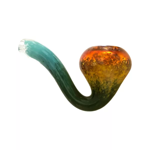 Bold, colorful glass pipe with long, tapered stem and large, round bowl. Swirl pattern adds movement and energy.