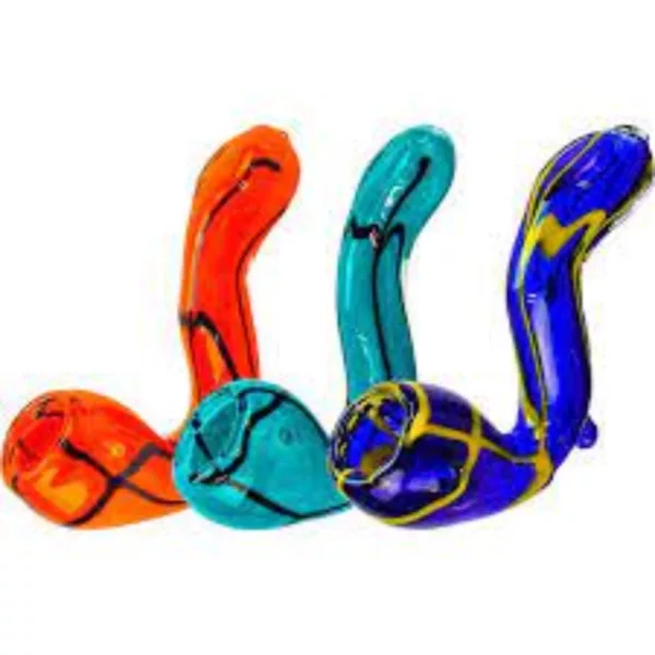 Three unique glass pipes in blue, green, orange, red, and clear colors, connected and shaped like pipes, from Glass Frit Sherlock - Baronness.