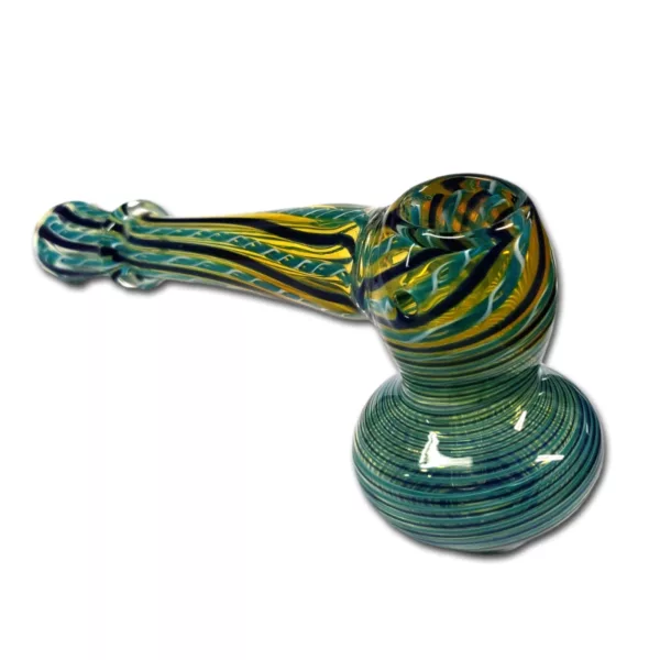 Blue and green glass hammer with spiral wave design, yellow band at base, and small round hole at handle top.