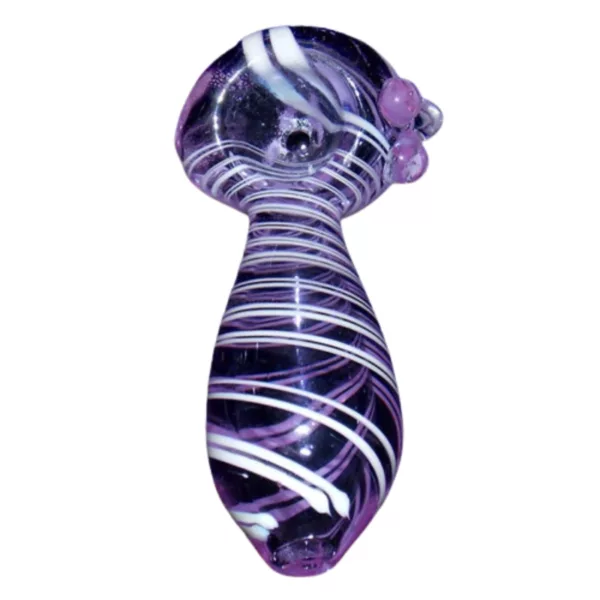 Decorative heart-shaped purple and white glass spoon with black metal handle and fumed spiral wrap.