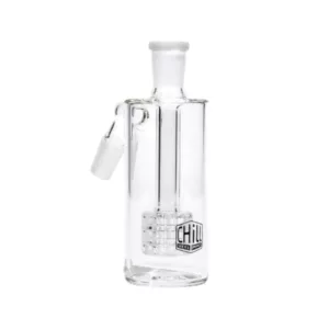 Clear glass ash catcher with round shape and small opening for easy ash disposal.