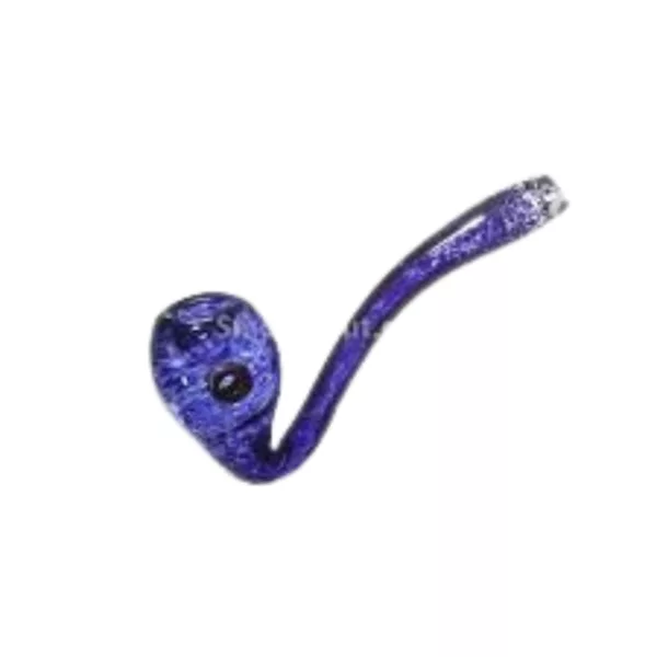 TAGLE GLASS WORKS' Milky Purple Sherlock glass pipe with small hole and snake-like shape, glossy finish, on white background.