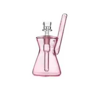 A pink glass bong with a clear stem and base, suitable for on-the-go smoking.