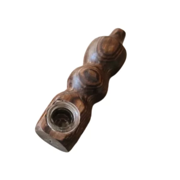 Hand-carved wooden pipes with intricate designs, unique shapes, and smooth surfaces. Airflow hole at the bottom. Made of various woods.
