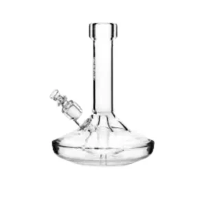 Small wide base water pipe with long curved neck and transparent base. Smoke obscures part of base. Knob at top, hole at bottom.