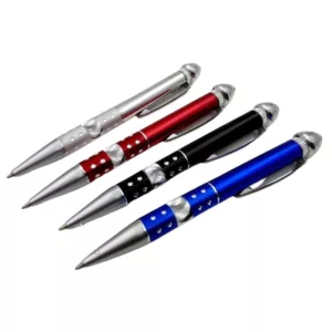 Set of 4 metal pens with sleek modern design and different colors (red, blue, silver). Arranged in a line with tips facing upwards.