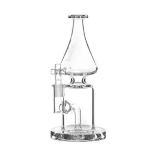 High-quality glass Helix bong with fixed downstem and attached stem for smoking. Comes with stand and pedestal for stability.