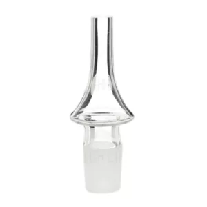 Clear glass pipe with smooth, curved stem and flat white base on white background.
