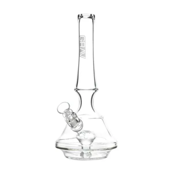 Large, clear glass water pipe with long stem, curved base, small mouthpiece, and large chamber. Well-made and functional.