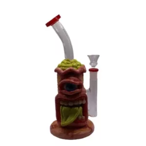 Monster-themed bong with red and green colors, made of plastic and ceramic, featuring a long neck and wide bowl for a unique smoking experience.