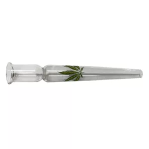 Clear glass pipe with intricate green leaf design. Small, round base and bowl. Long, thin stem. Simple and elegant design.