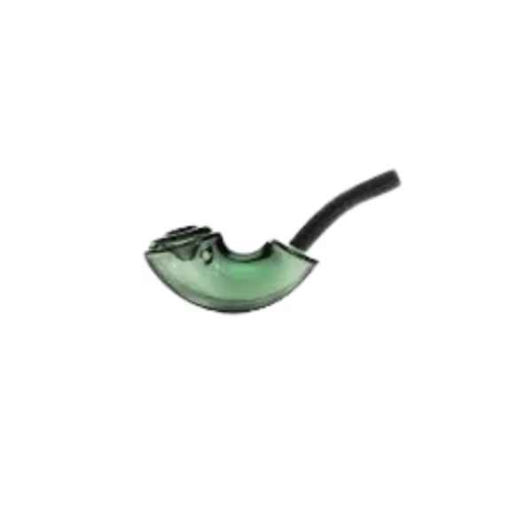 Modern, curved glass pipe with black stem and green tint. Sleek design and bent end.