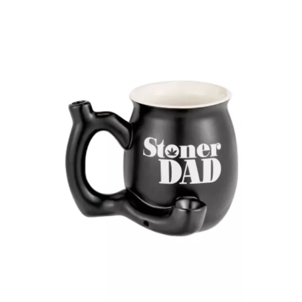 Handmade ceramic Stoner Dad mug with black background, white and green accents, and Roast and Toast in black. High-quality materials.
