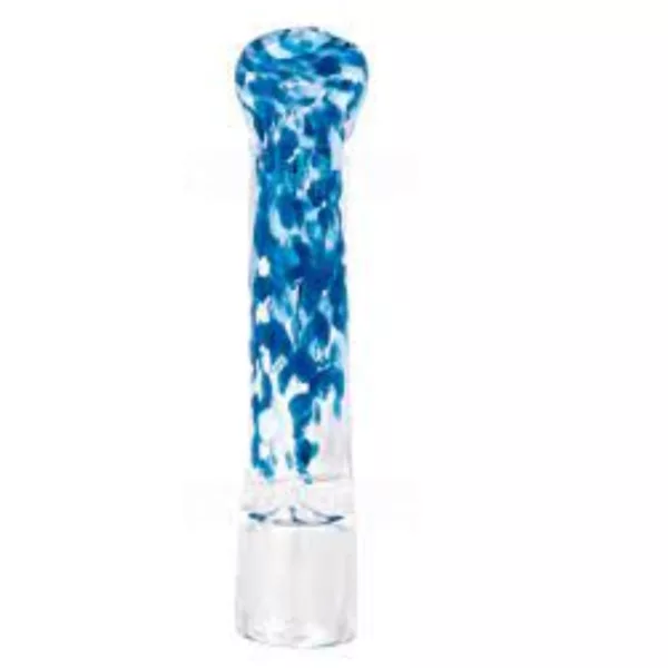 Handmade blue and white swirl glass chillum with small and large end holes.