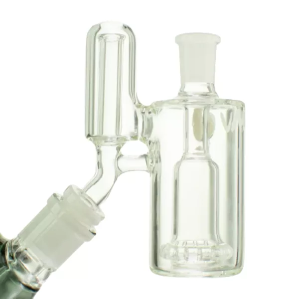 Sleek, modern glass bubbler with long stem and small bowl. Clear plastic connector holds stem and bowl together. Small hole at top of bowl surrounded by ring of clear glass. Perfect for on-the-go smoking.
