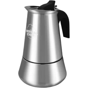 sleek, modern electric kettle made of high-quality materials. It has a round base, curved spout, and a black handle with a white background. The handle is attached with a hinge, allowing for easy pouring. It is suitable for use in a kitchen or other setting where hot water is required.
