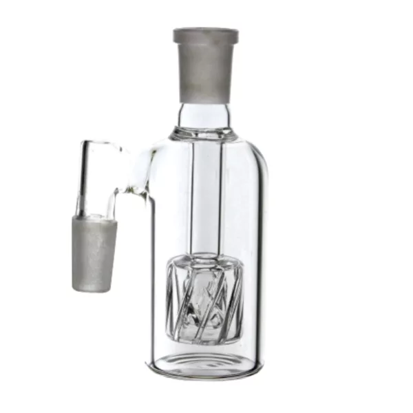 Tapered glass ashcatcher with straight stem, side handle, and dual circular bases.
