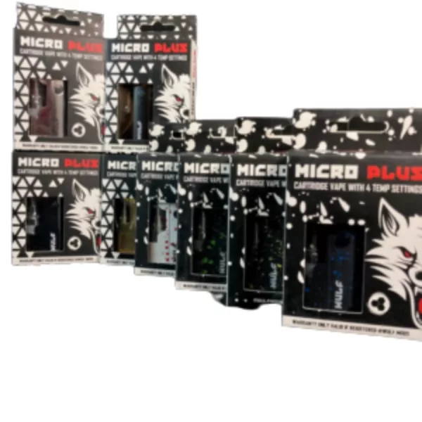 Micro Plus Wulf e-liquid features a wolf design on black packaging with white 'Micro Plus' text.